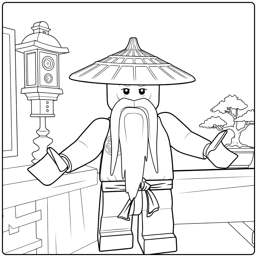 kleurplaat Master Wu ninjago met lange baard, wijde hoed en uitgestrekte armen