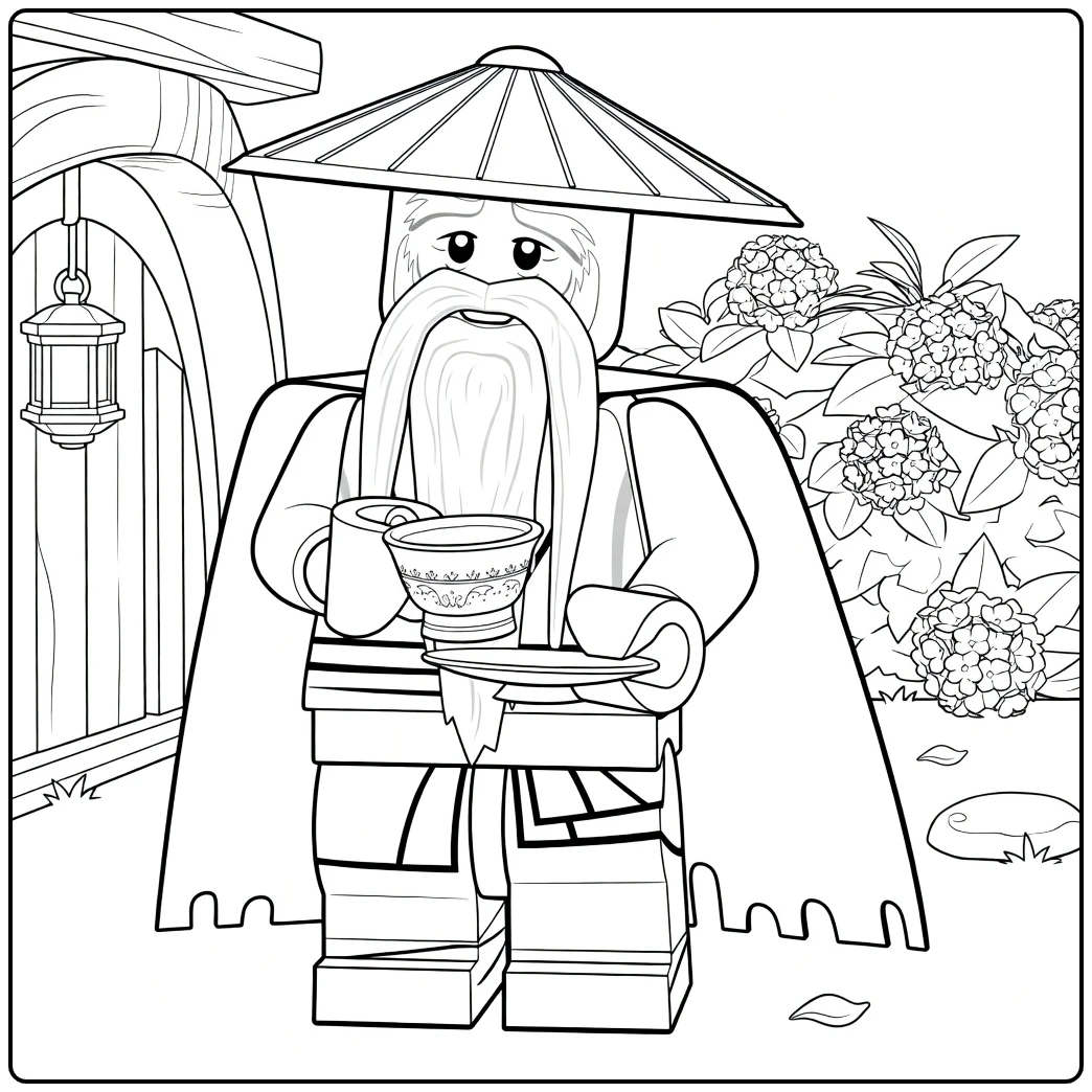 kleurplaat Master Wu ninjago van een oude wijze man met lange baard en puntige hoed die een kom vasthoudt