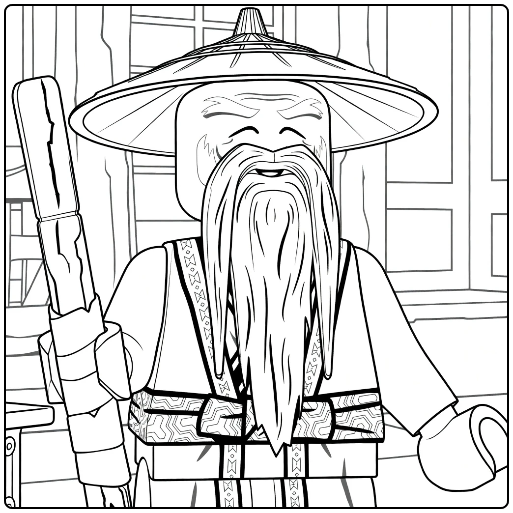 kleurplaat Master Wu ninjago met een serene oude man die een staf vasthoudt