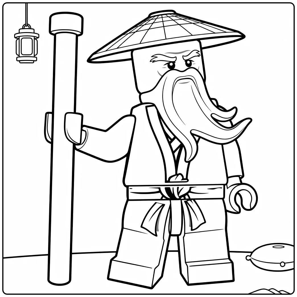 kleurplaat Master Wu ninjago van een oude man met lange baard, hoed en staf