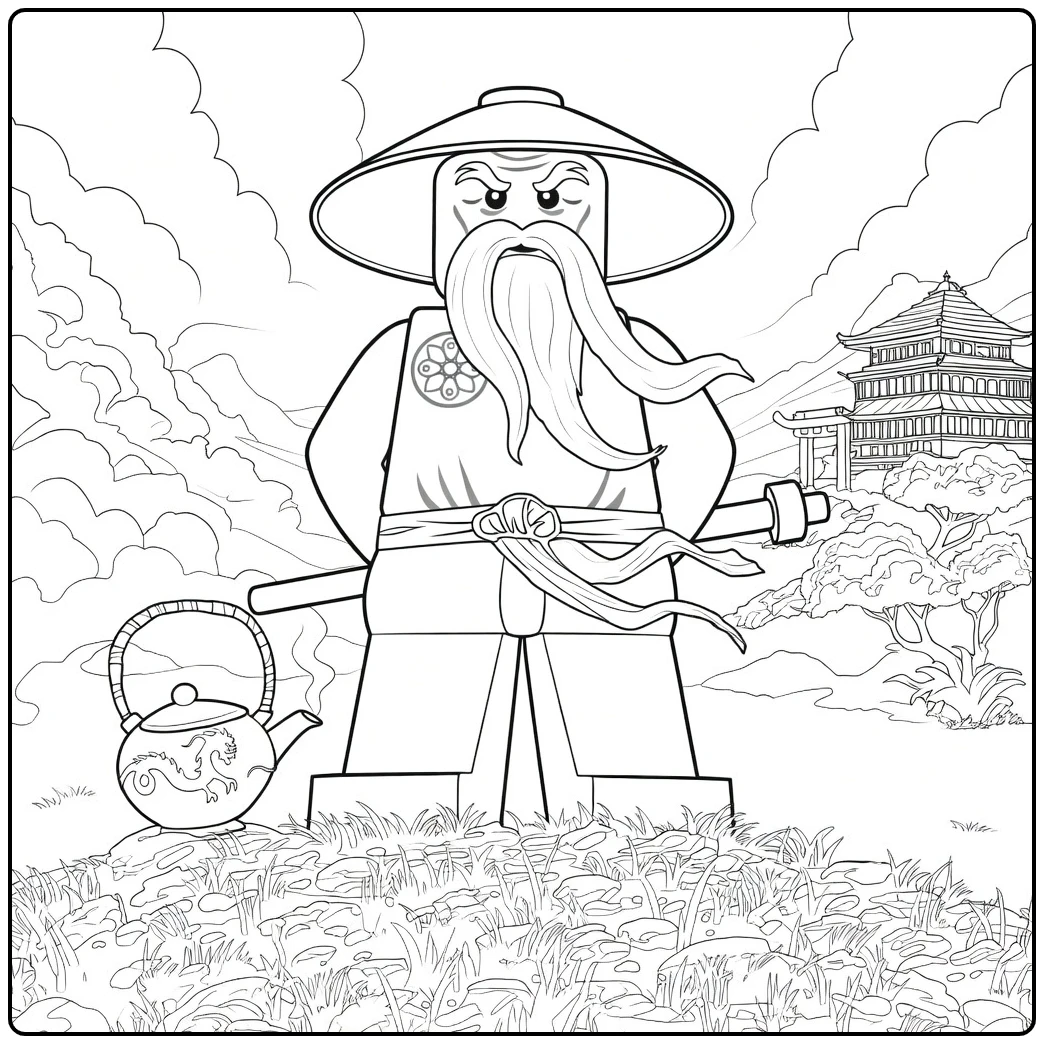 kleurplaat Master Wu ninjago met een wijze oude man met baard en kegelhat die een staf vasthoudt