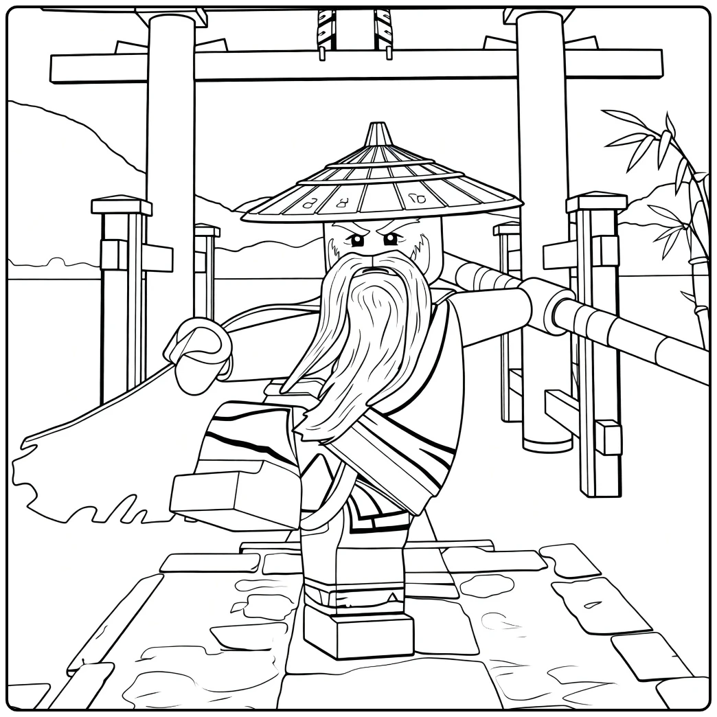 kleurplaat Master Wu ninjago van een wijze oude man met baard en hoed die een staf vasthoudt bij een torii-poort