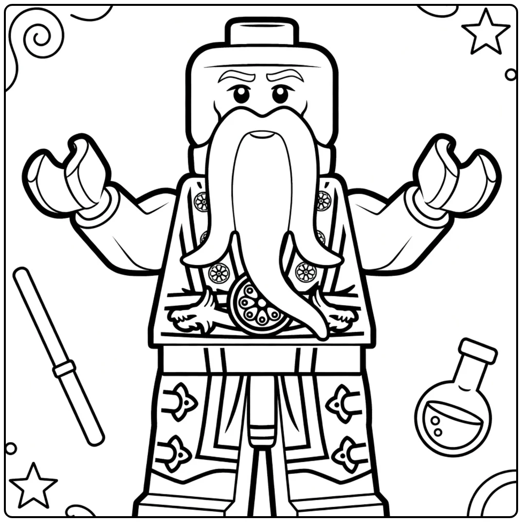 kleurplaat Master Wu ninjago met gele kop, lange witte baard en blocky torso