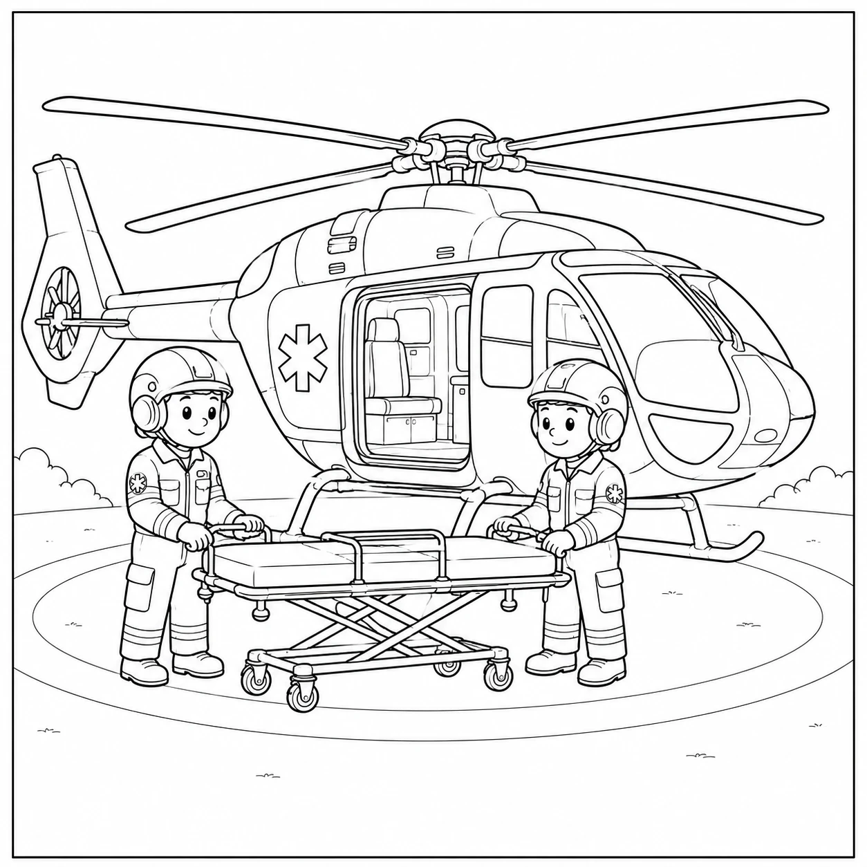 Twee hulpverleners staan bij een lege brancard naast een kleurplaat ambulance helicopter met open deur