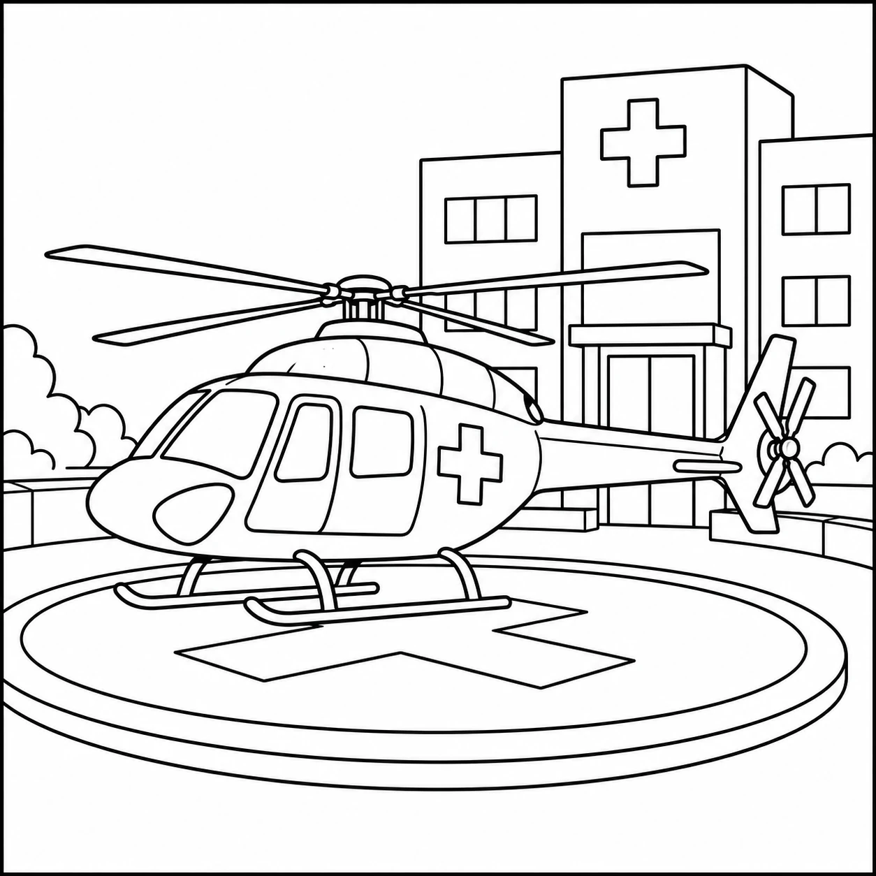 Op een ziekenhuisdak staat een kleurplaat ambulance helicopter klaar op de ronde landingsplaats
