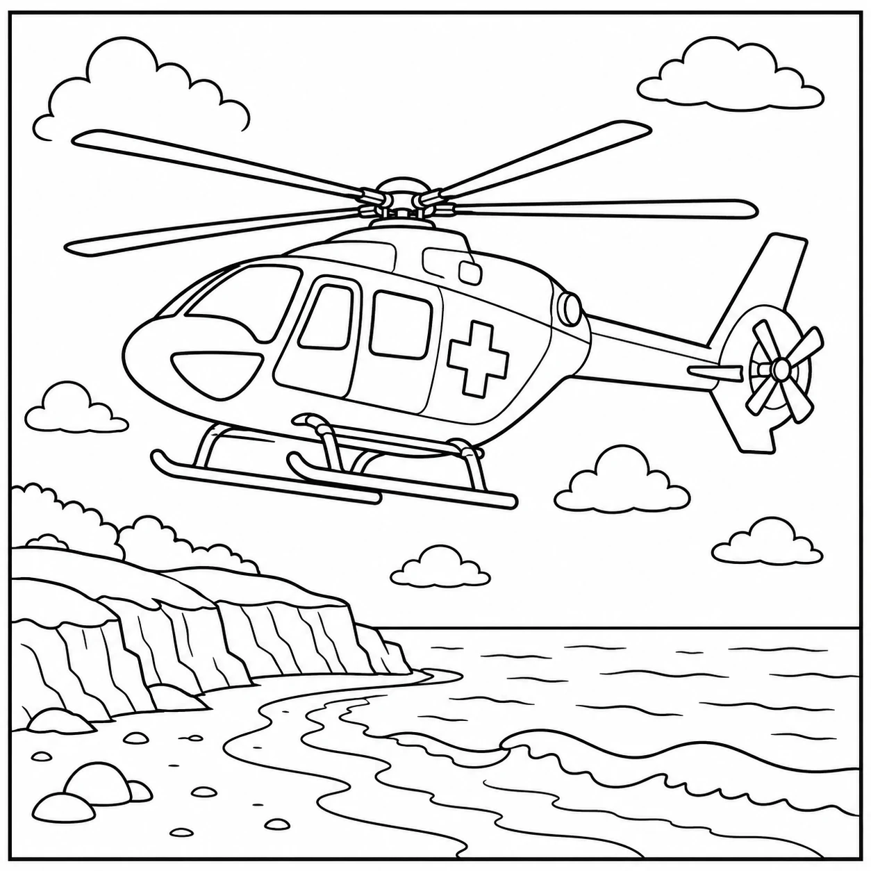 Ambulancehelikopter zweeft boven een kronkelende kustlijn met rotsen, water en lage wolken