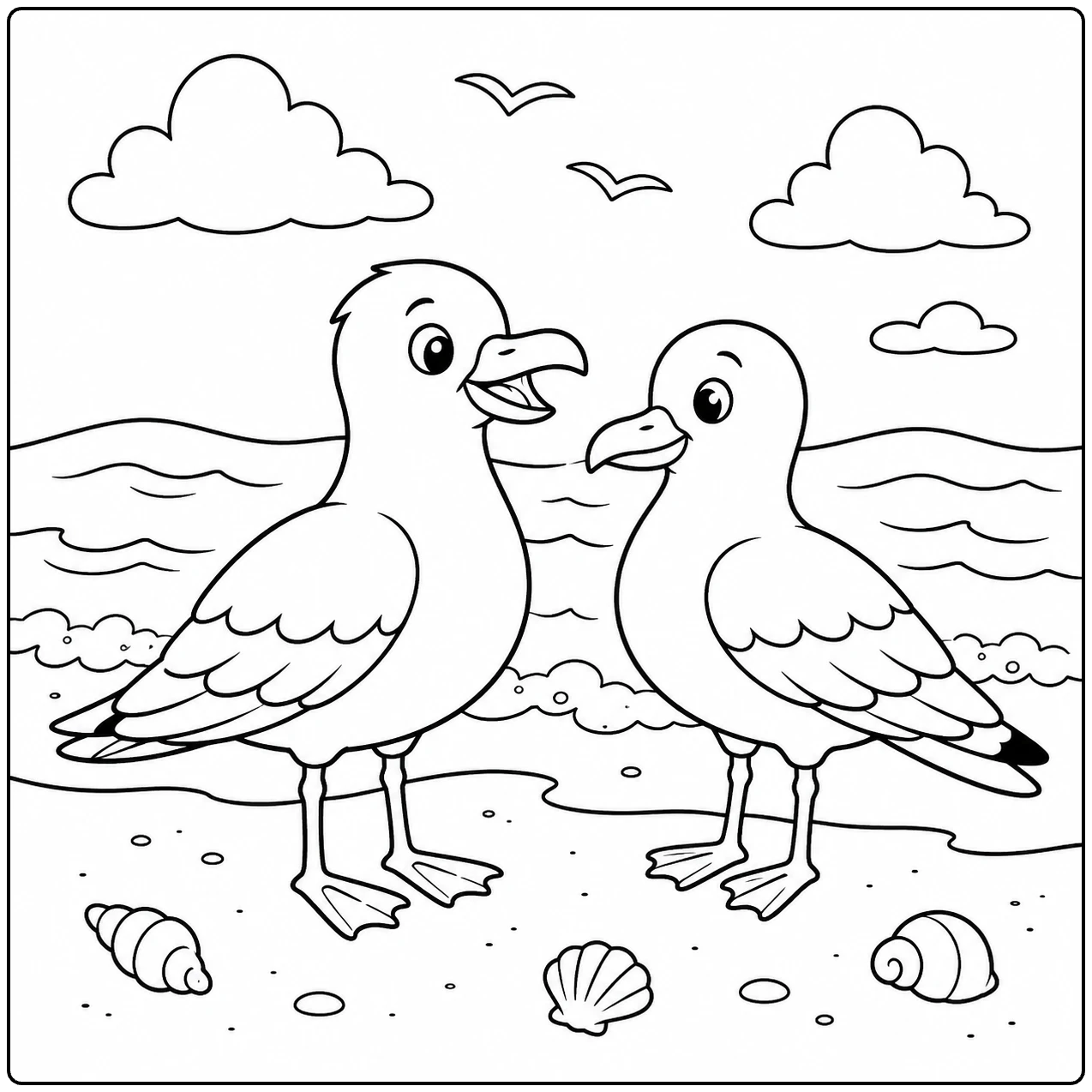 Twee meeuwen staan bij de waterlijn tussen schelpen, met golven en wolken op de achtergrond.