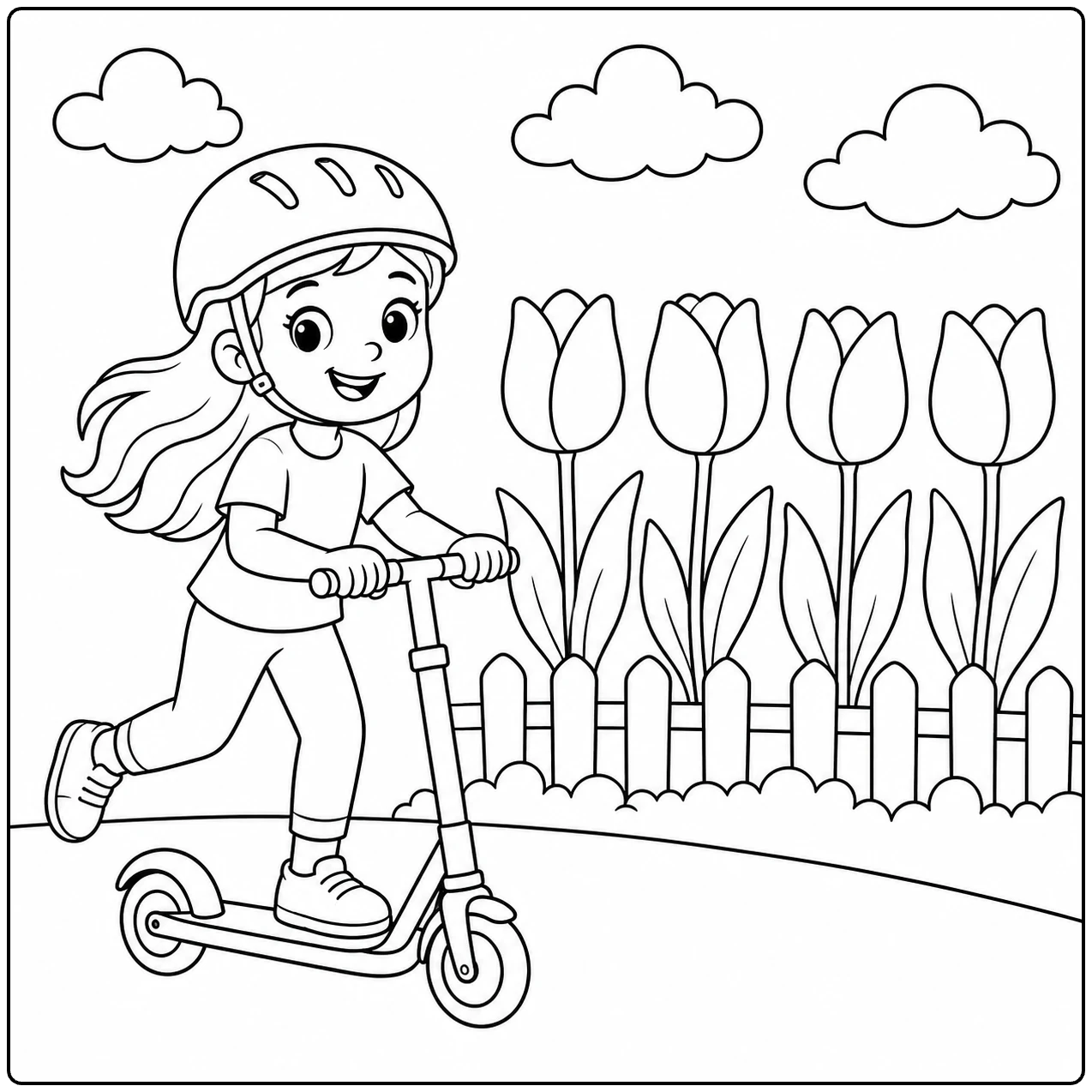 Meisje met lange haren stept langs tulpen, een laag hek en wolken in de lucht.