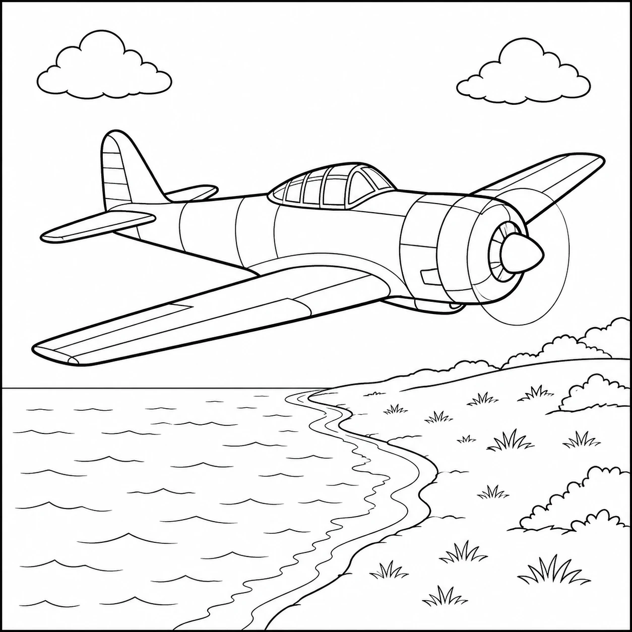 Militair propellervliegtuig vliegt langs een gebogen kust met zee en wolken