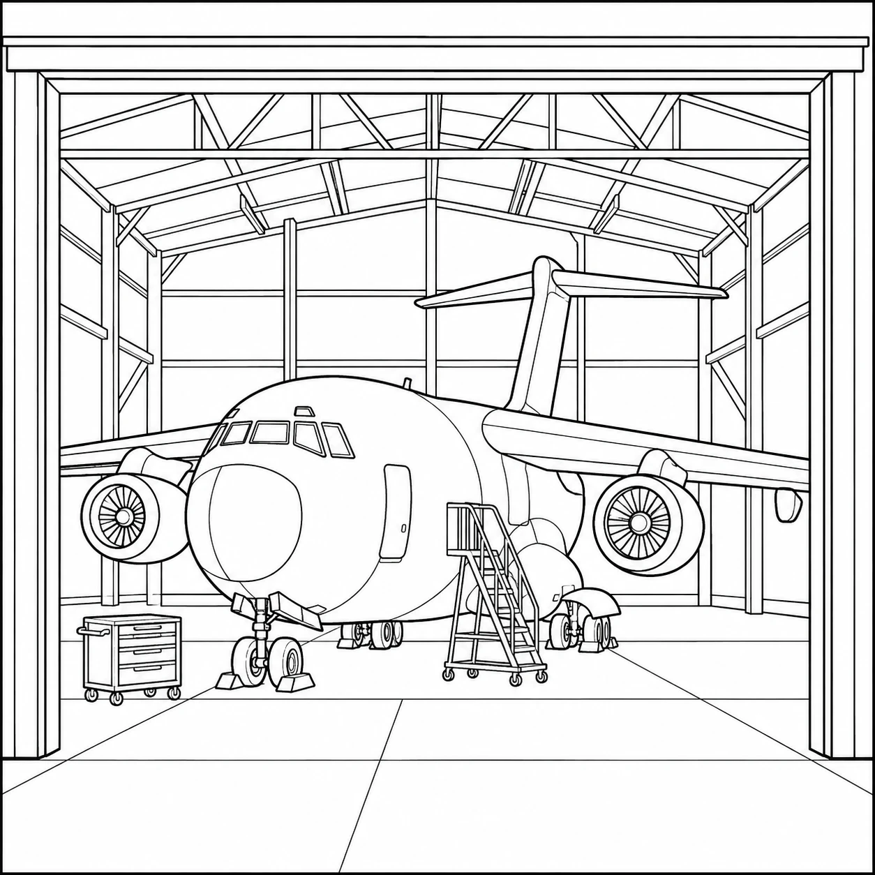 Groot militair vliegtuig staat in een hangar naast een ladder en onderhoudsmateriaal