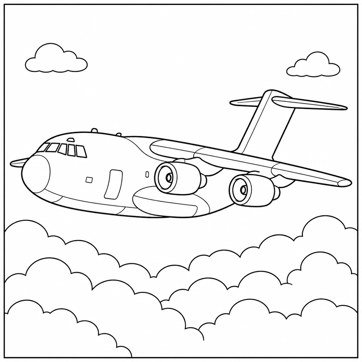 Groot militair vrachtvliegtuig boven wolken, kleurplaat leger vliegtuig met vier motoren