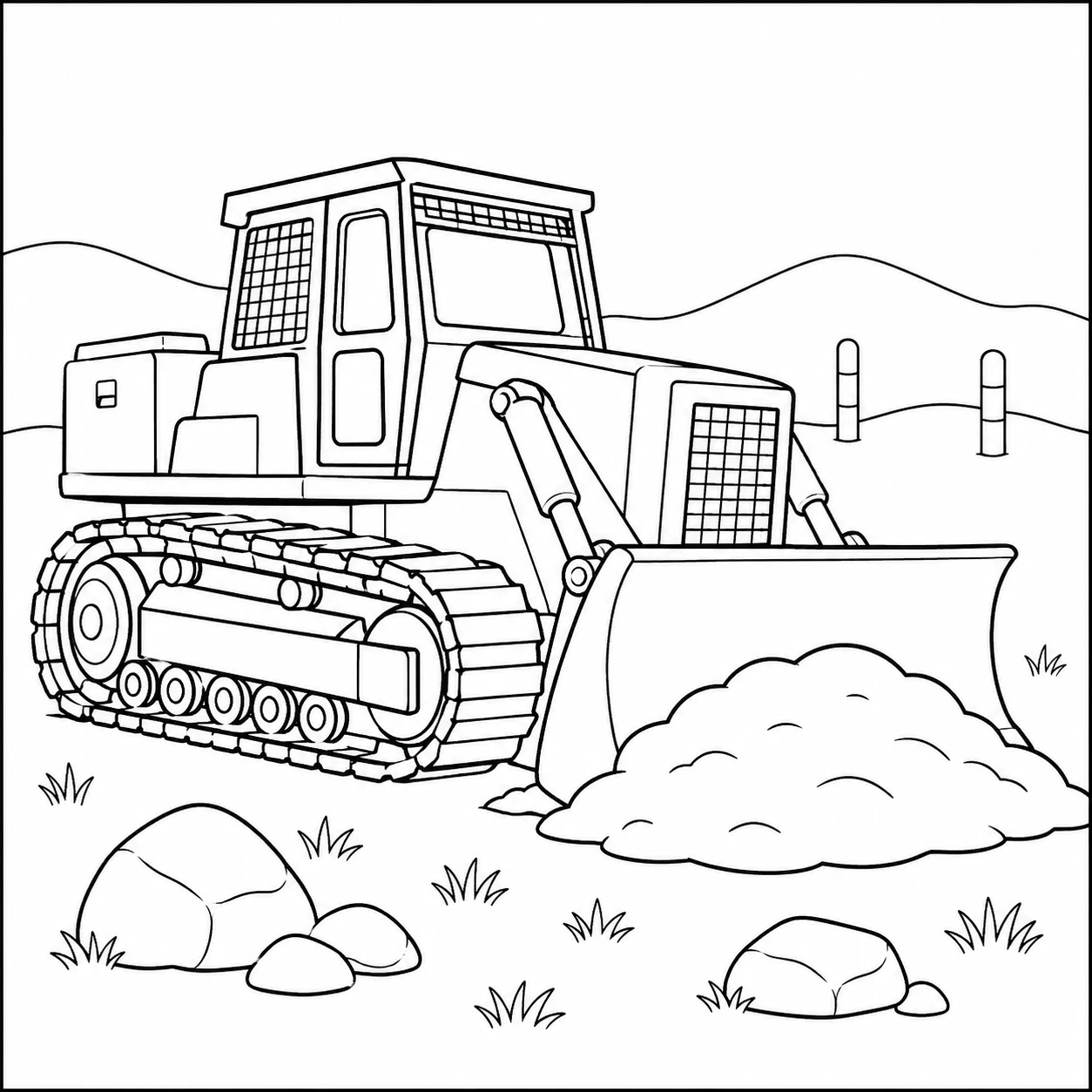 Militaire bulldozer duwt een hoop aarde vooruit tussen stenen en glooiende heuvels.