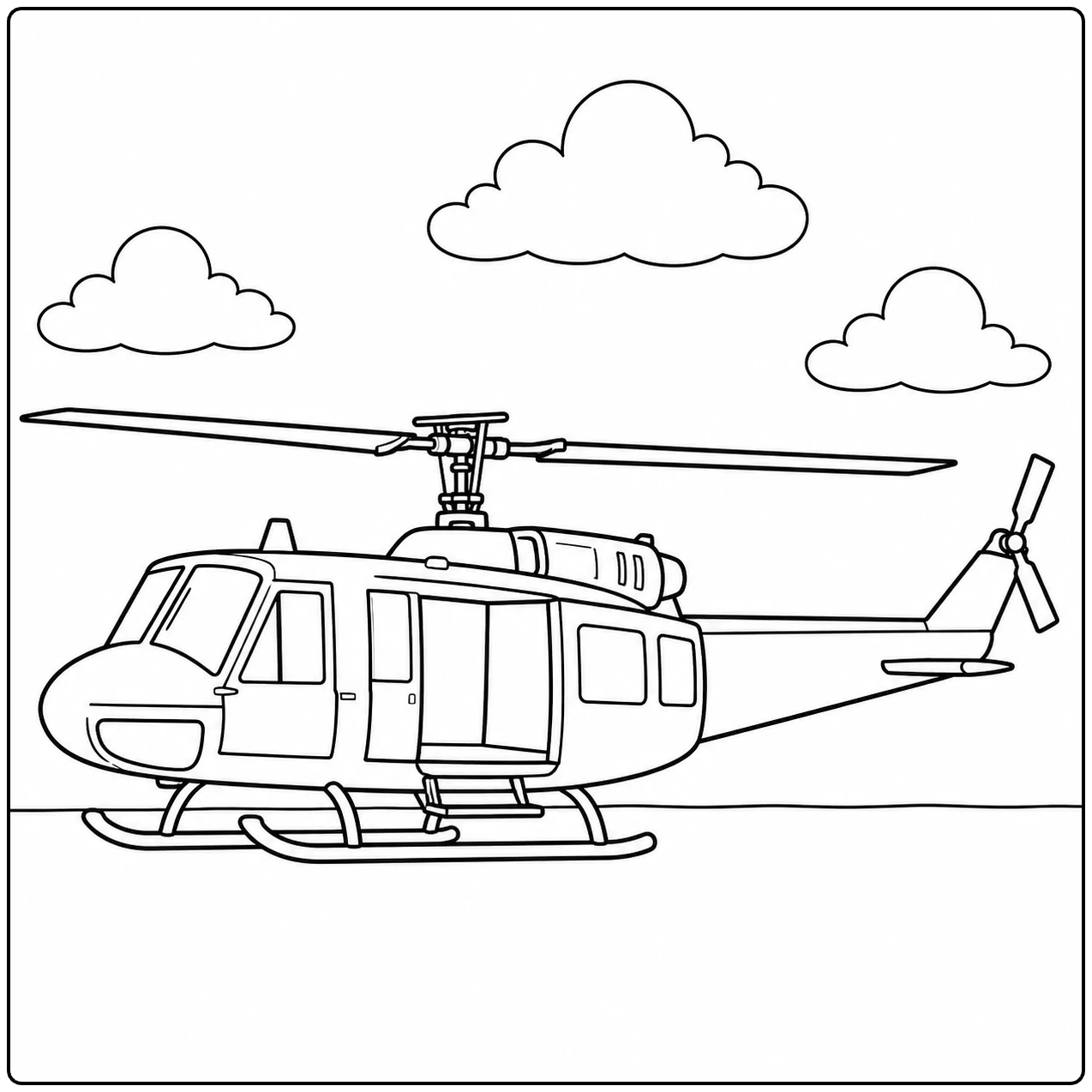 Zijaanzicht van een legerhelikopter op landingsski’s onder enkele grote wolken