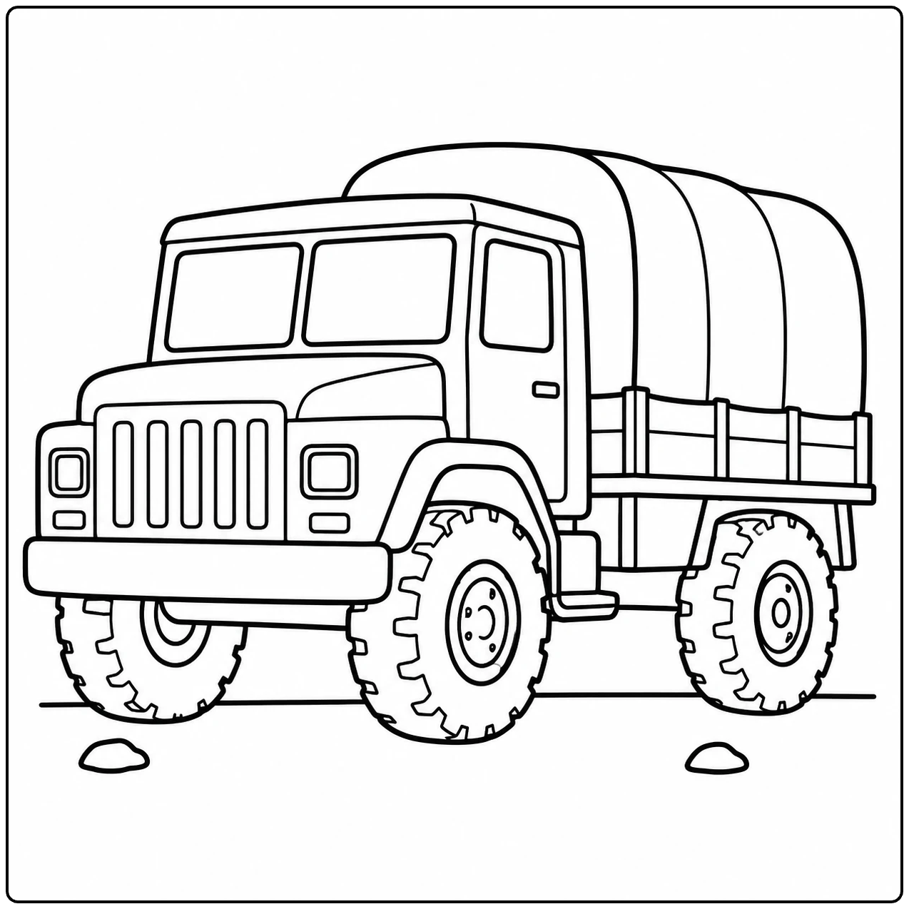 Militaire vrachtwagen met huif, grote terreinbanden en een stevige cabine.