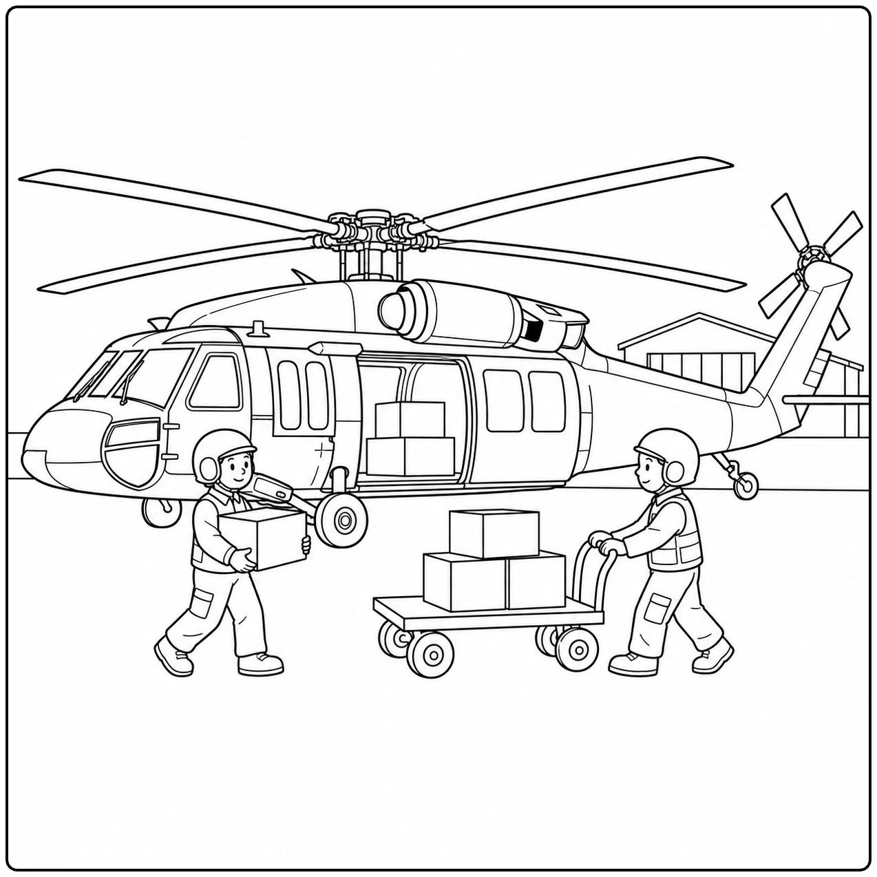 Twee militairen vervoeren dozen op een kar naar de open zijdeur van een geparkeerde helikopter