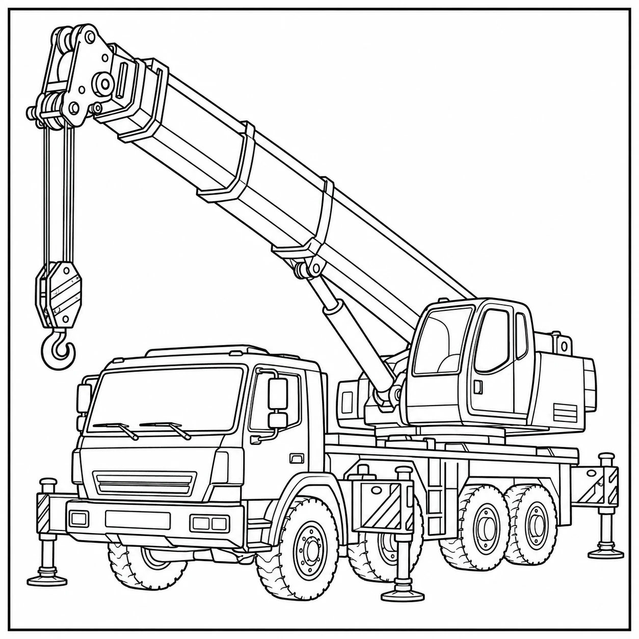 Zware mobiele kraanwagen met uitgeschoven steunpoten en een lange telescopische giek.