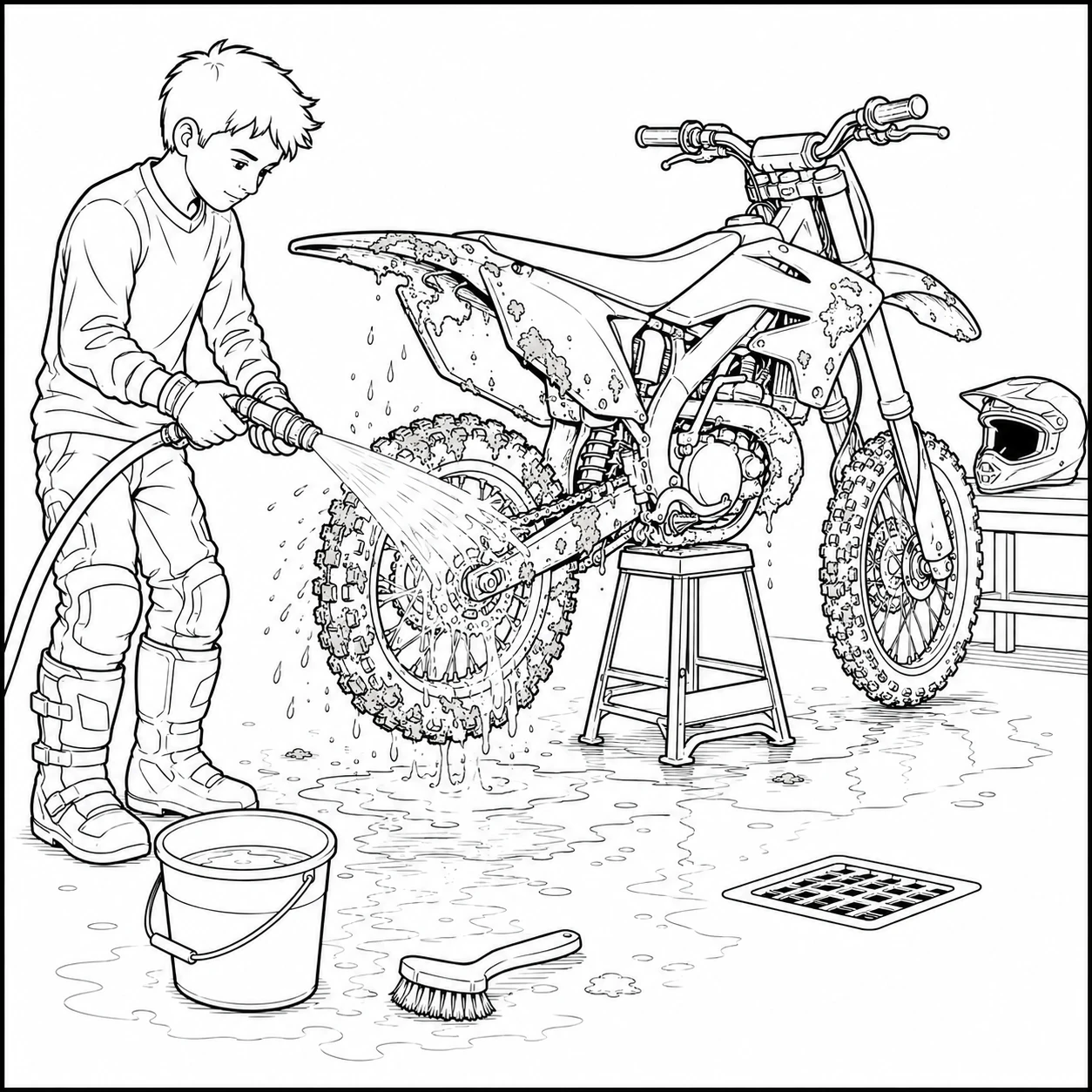 Een rijder wast een modderige crossmotor op een standaard, met een emmer en borstel ernaast