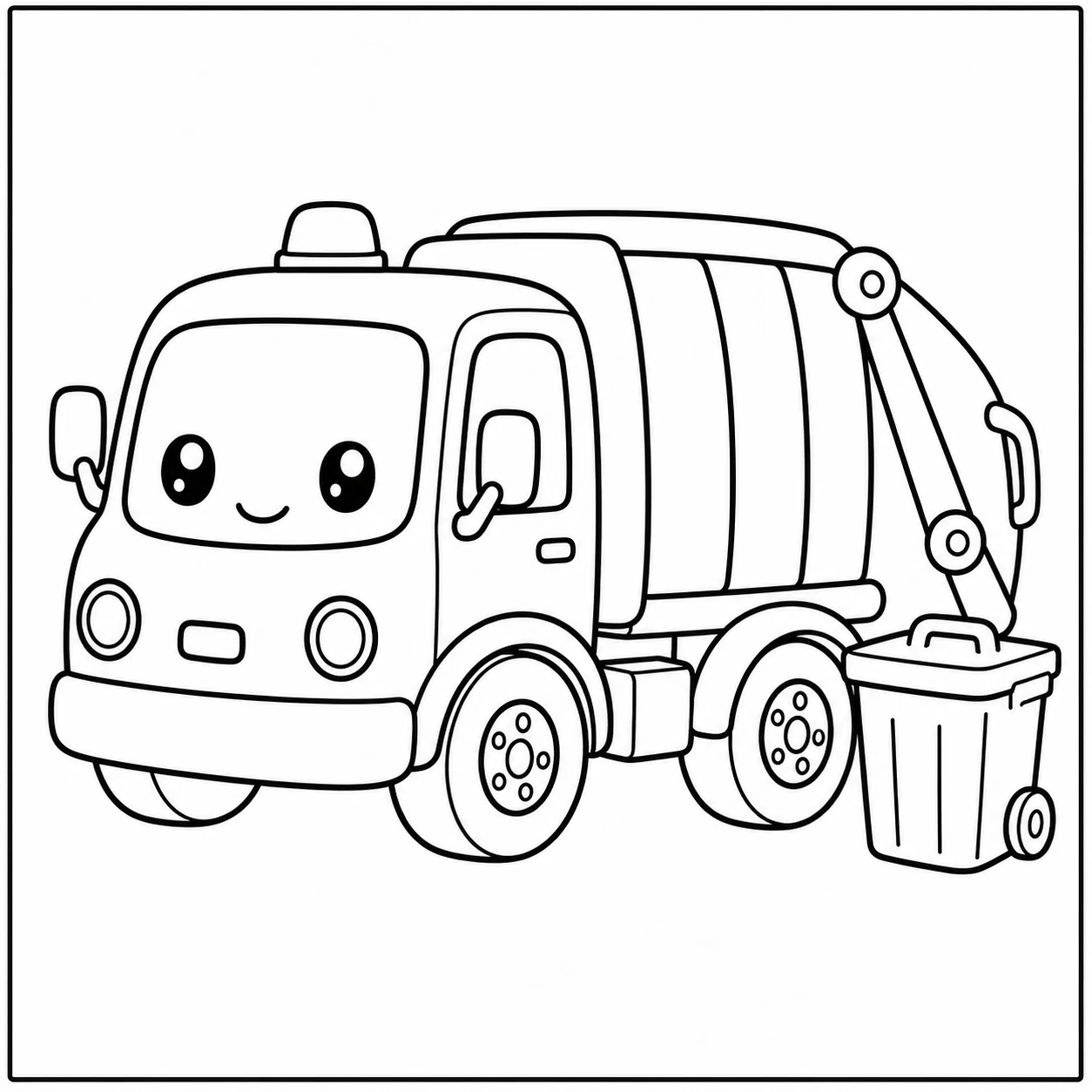 Moderne vuilniswagen met ronde vormen en een afvalcontainer naast het voertuig