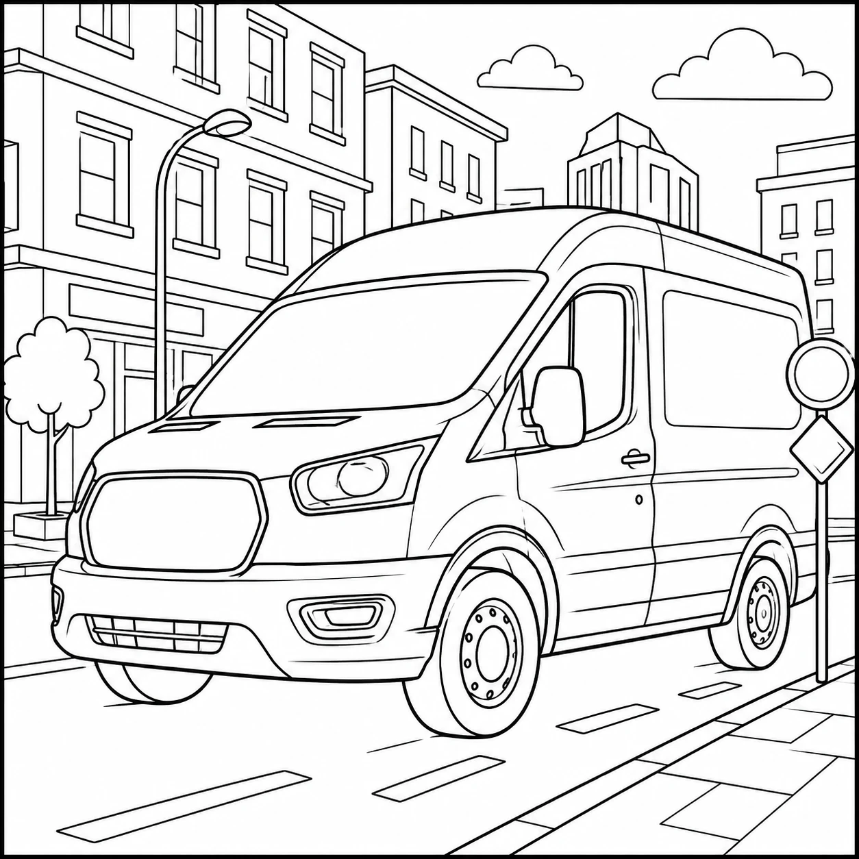 Kleurplaat auto ford met een bestelbus in een rustige straat met huizen