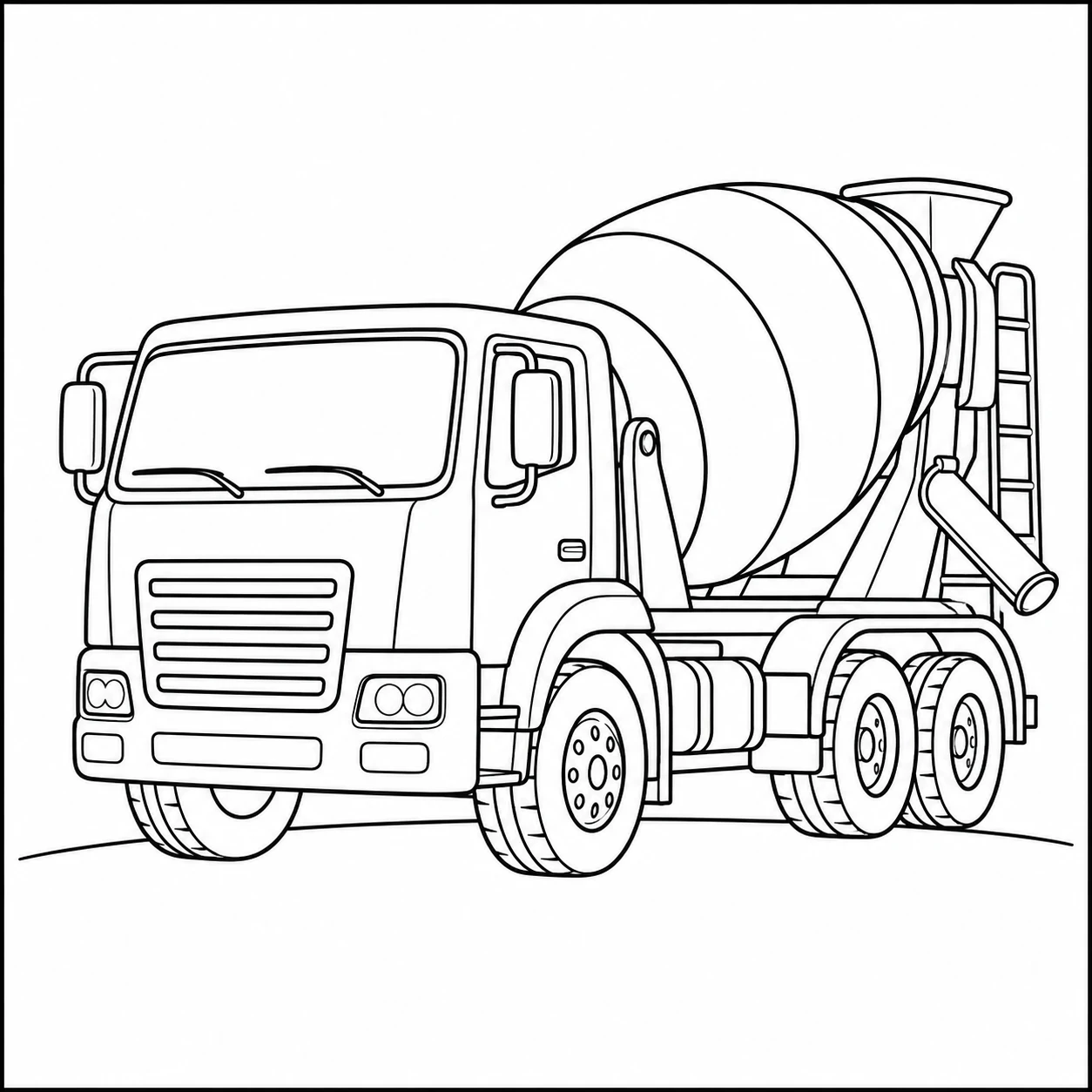 Moderne vrachtwagen vanuit schuin vooraanzicht, ontworpen als kleurplaat betonwagen met grote trommel.