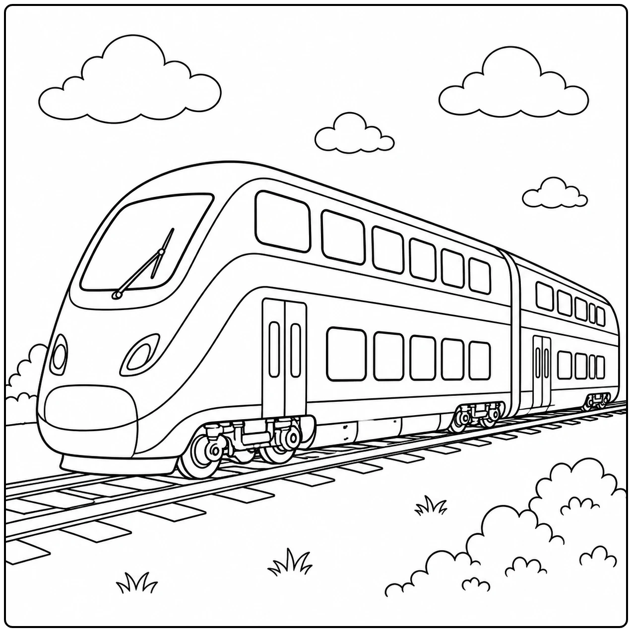 Moderne en Hogesnelheidstrein Kleurplaat met een dubbeldekstrein op rails onder zachte wolken