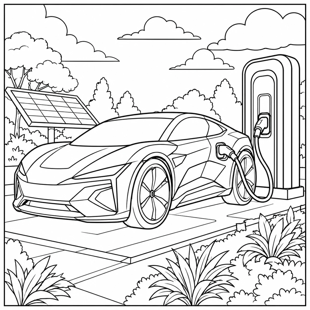 Kleurplaat batman auto met een moderne elektrische wagen bij een laadstation