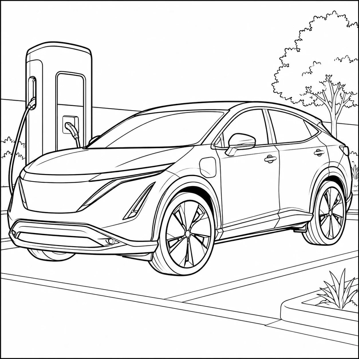 Moderne elektrische crossover met laadstation en bomen rondom een rustige omgeving