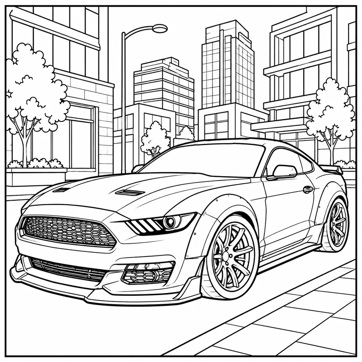 Moderne sportauto op een stadsweg met gebouwen op de achtergrond om in te kleuren