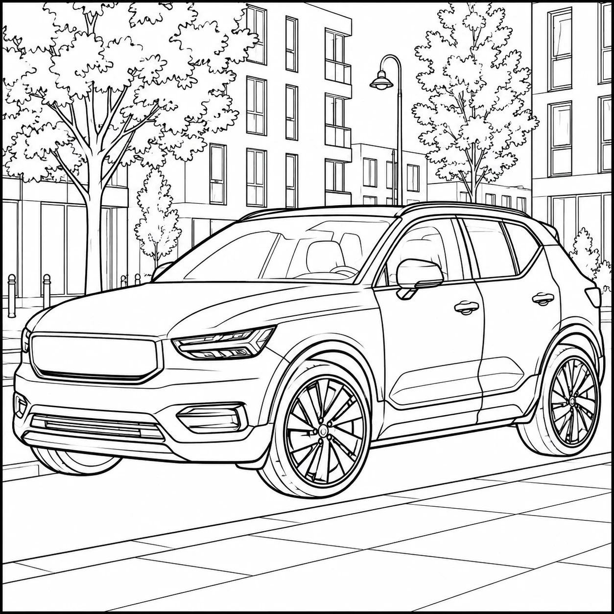 Moderne SUV in de stad met gebouwen en een rustige straatomgeving