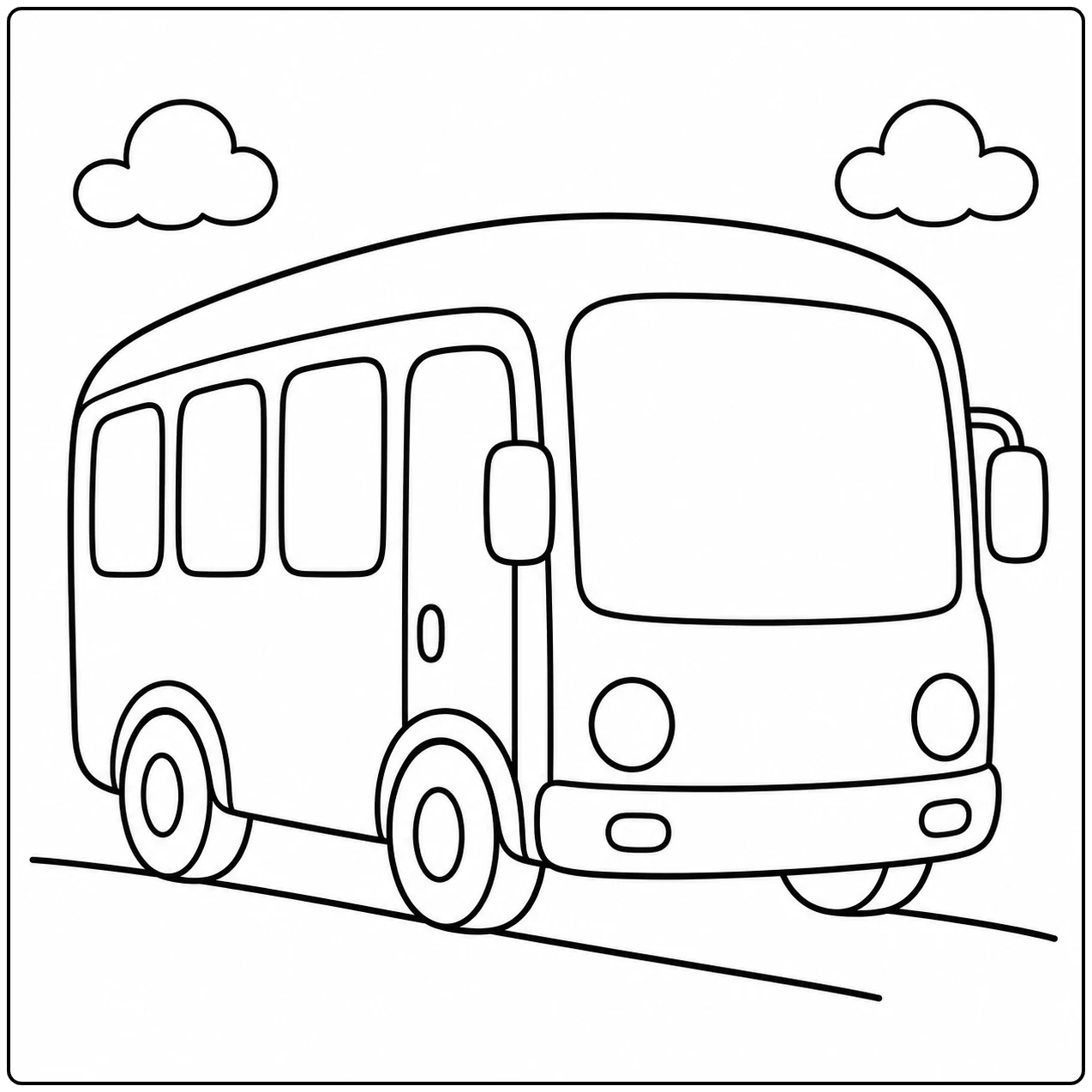 Eenvoudige aanblik van een moderne stadsbus schuin van voren, als kleurplaat bus met wolken boven de weg