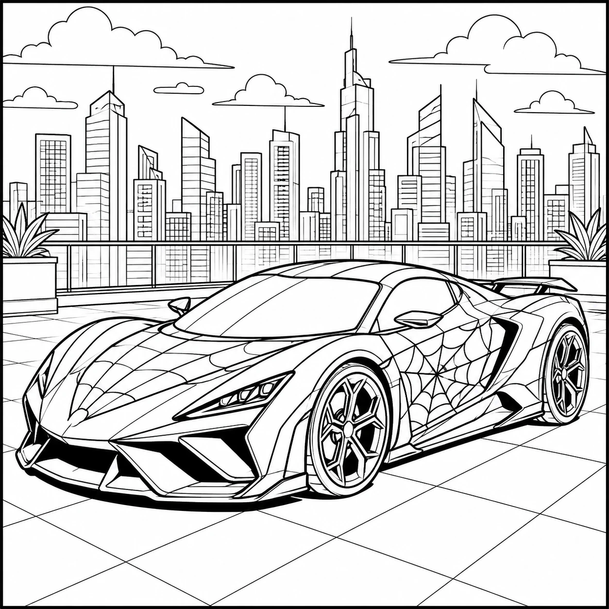 Moderne supercar met scherpe lijnen staat voor een skyline van hoge gebouwen