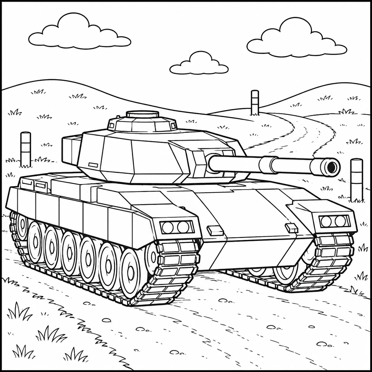 Moderne tank op een heuvelachtig oefenterrein voor kleurplaat militaire voertuigen.
