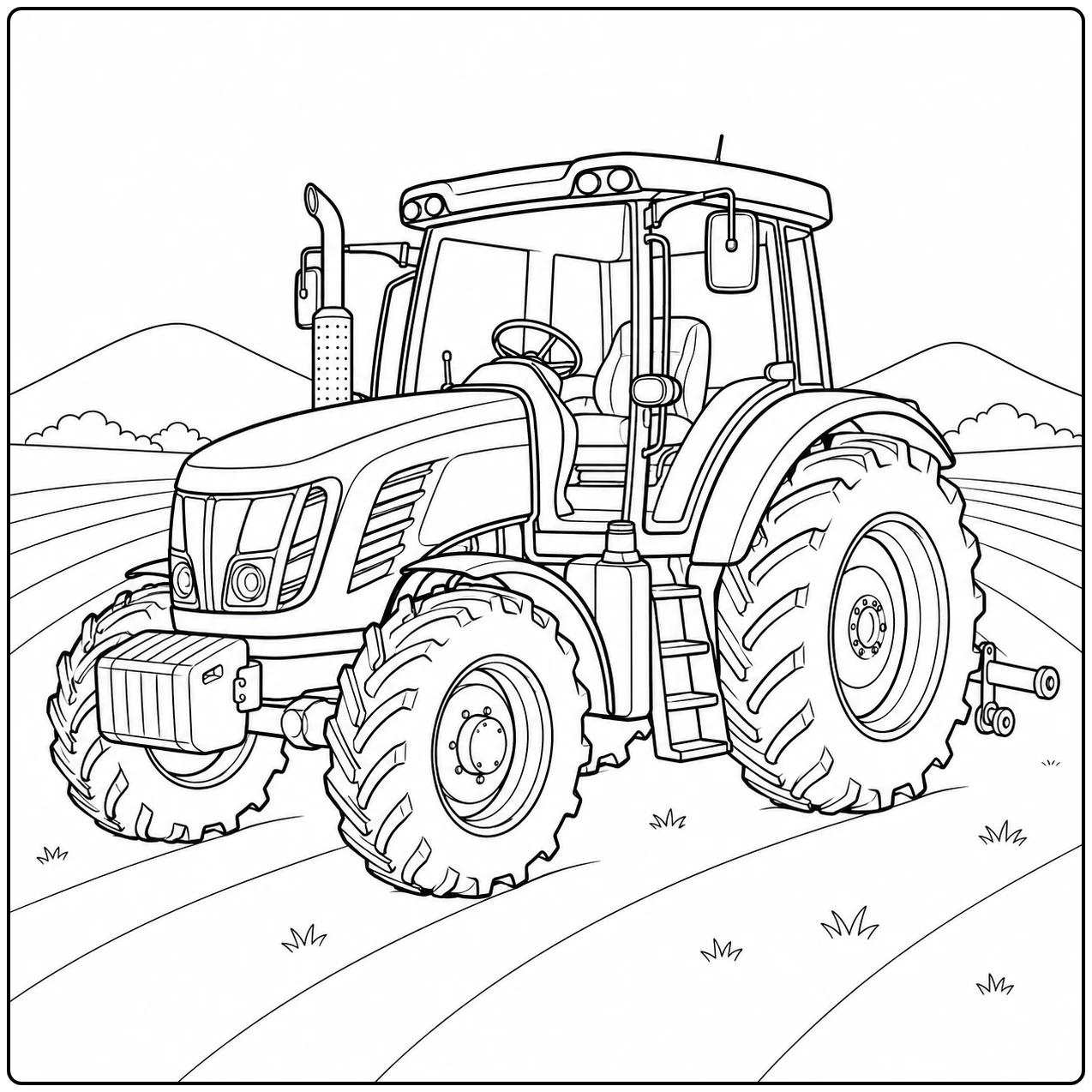 Klassieke en moderne trekker kleurplaat met krachtige tractor op brede akkerbanen en heuvels in de verte