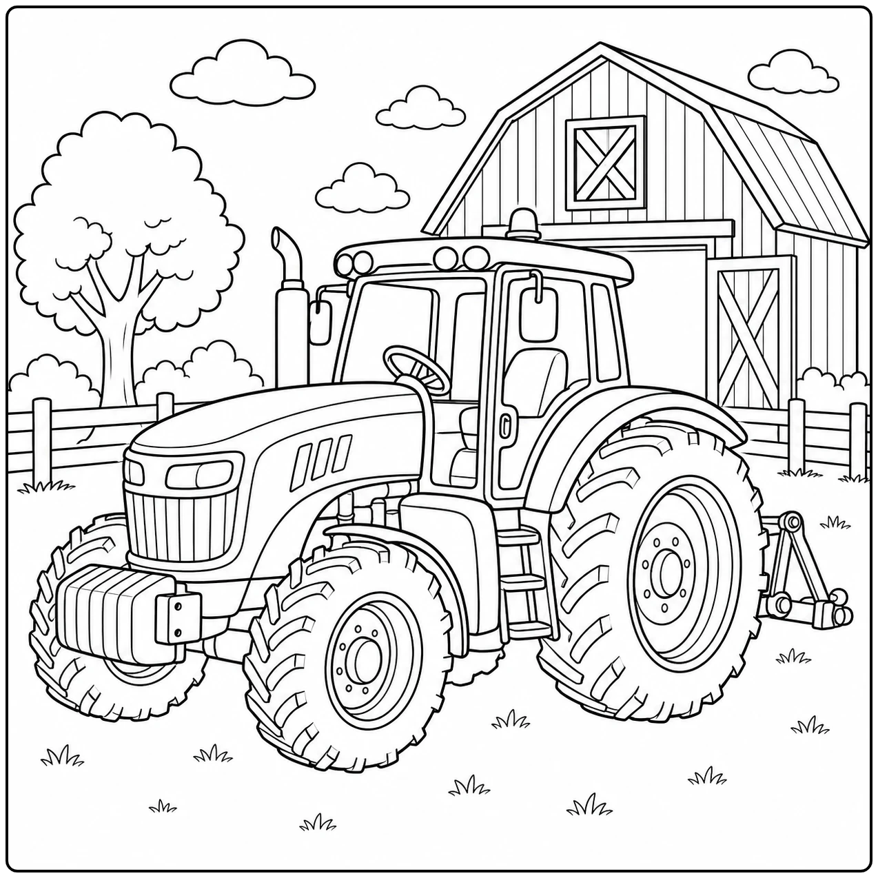 Moderne tractor met brede profielbanden staat bij een schuur in deze Boerderijtrekker kleurplaat