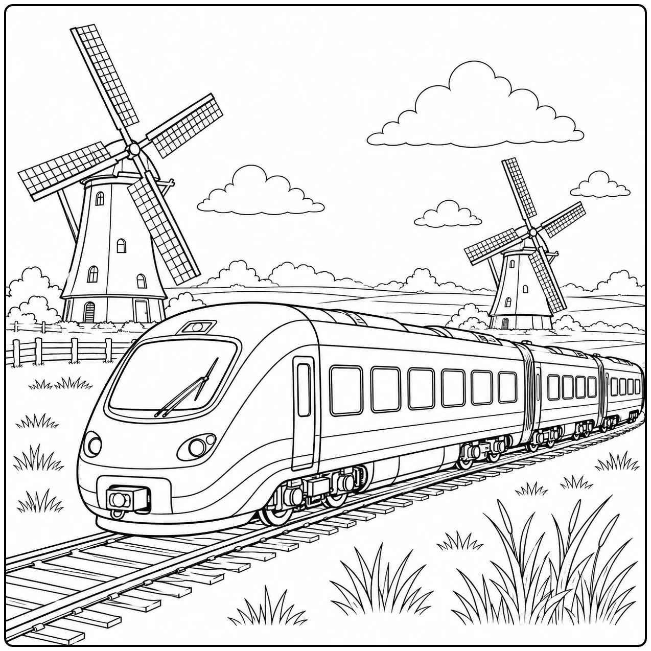 Gestroomlijnde trein rijdt door open grasland met twee windmolens en wolken boven het spoor