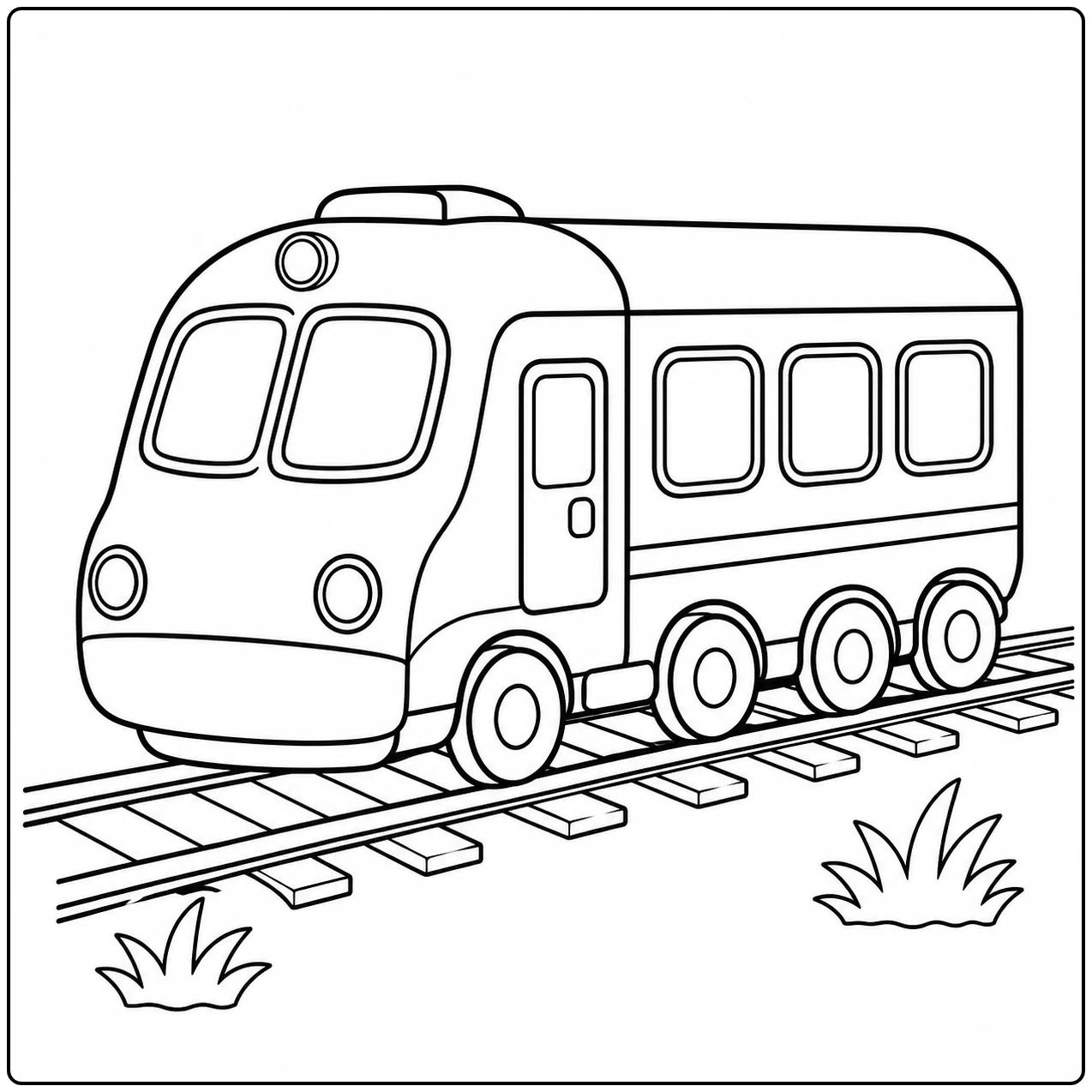 Moderne kleurplaat trein in schuin vooraanzicht op rails met enkele grasplukjes
