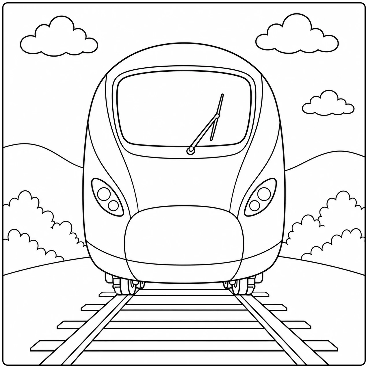 Frontaal zicht op een moderne trein die recht op de rails staat tussen struiken en lage heuvels