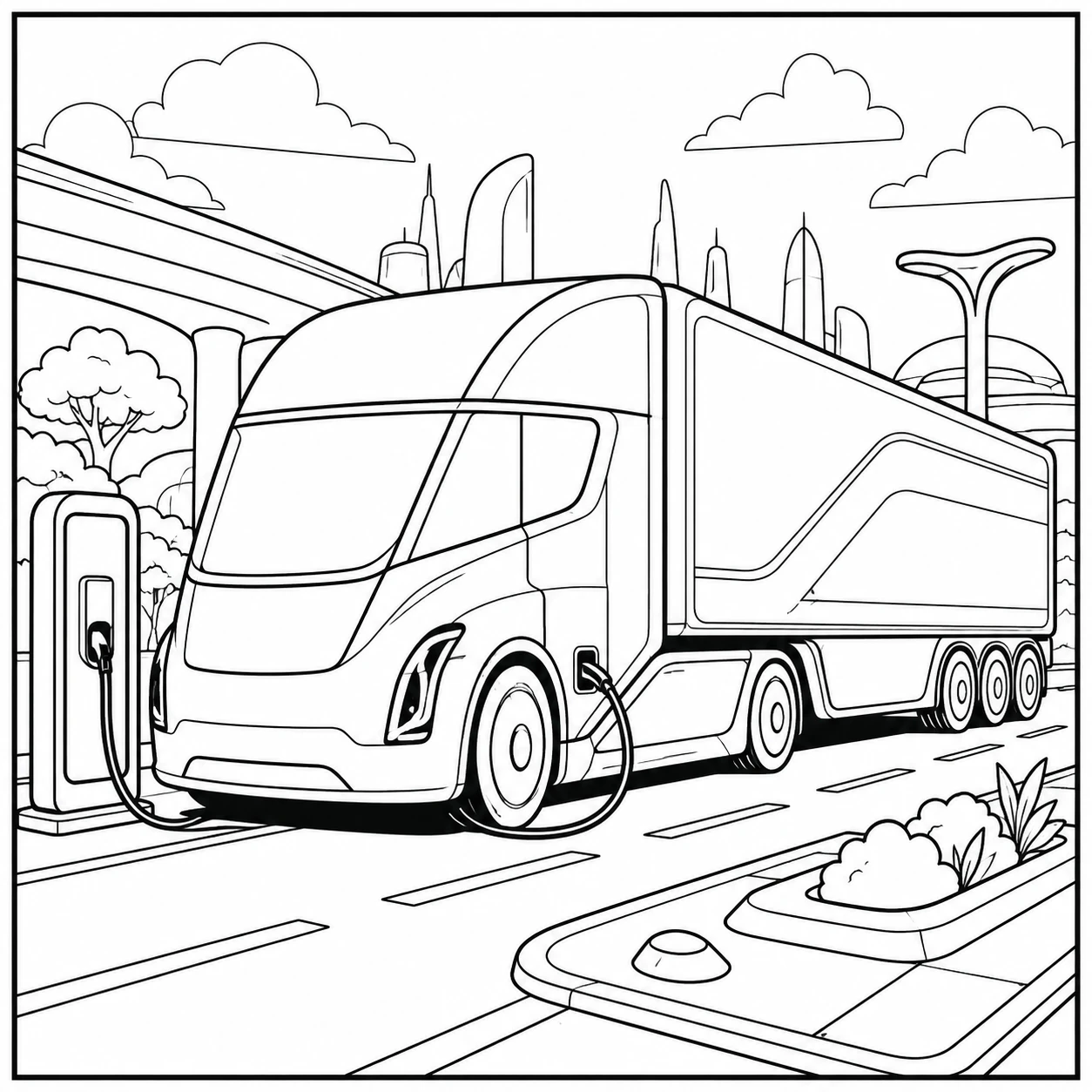 Een moderne stadsscène met kleurplaat vrachtwagen met oplegger bij hoge gebouwen.
