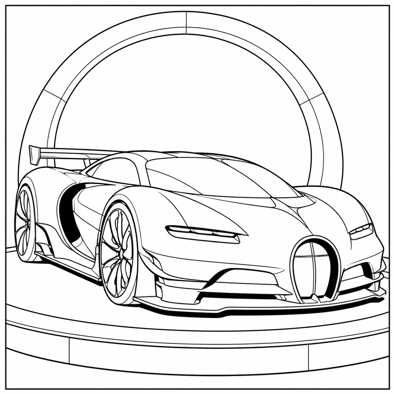Moderne Bugatti poseert op een ronde sokkel voor een grote cirkelvormige wand.