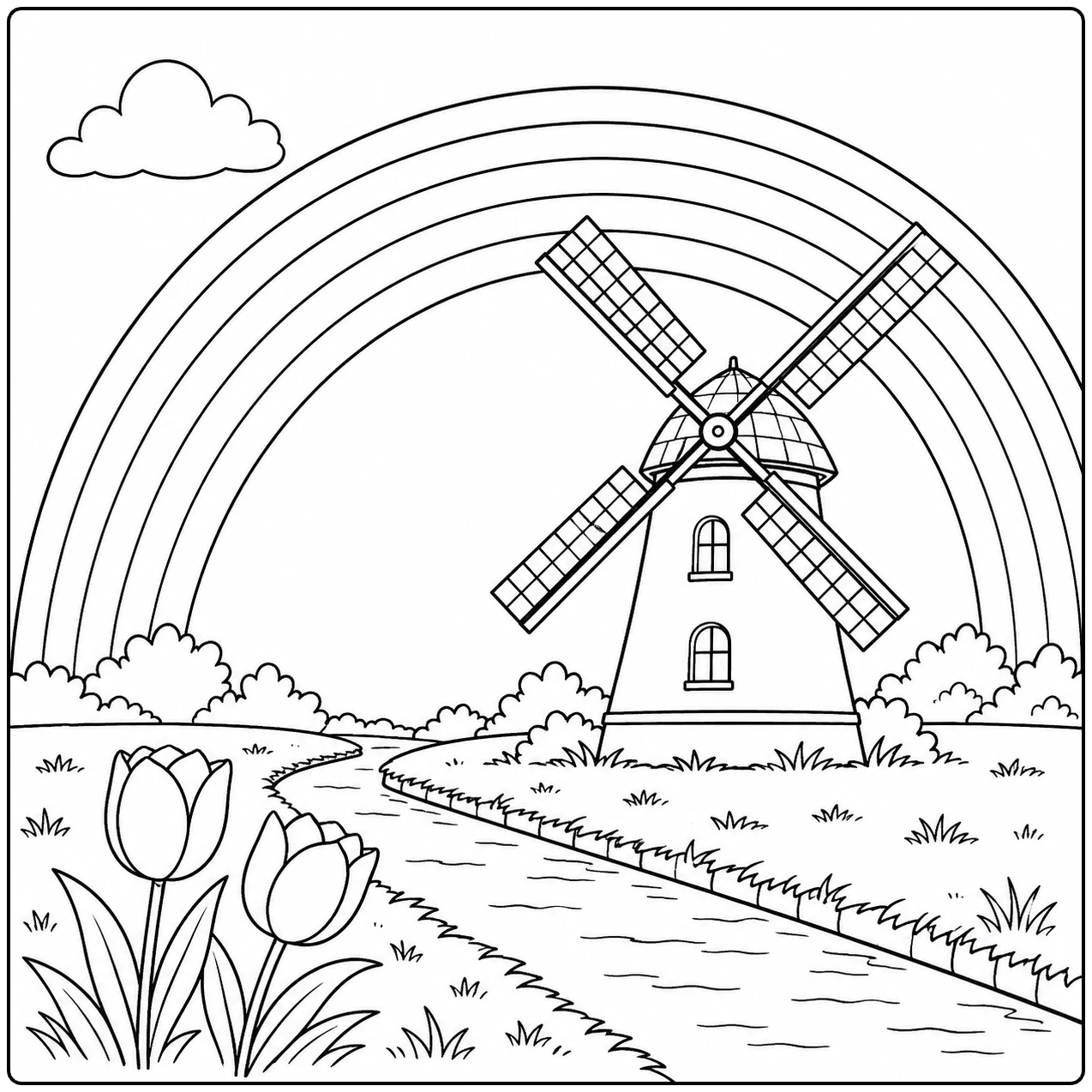 Nederlandse molen onder een brede regenboog, met tulpen, een sloot en een landelijk pad