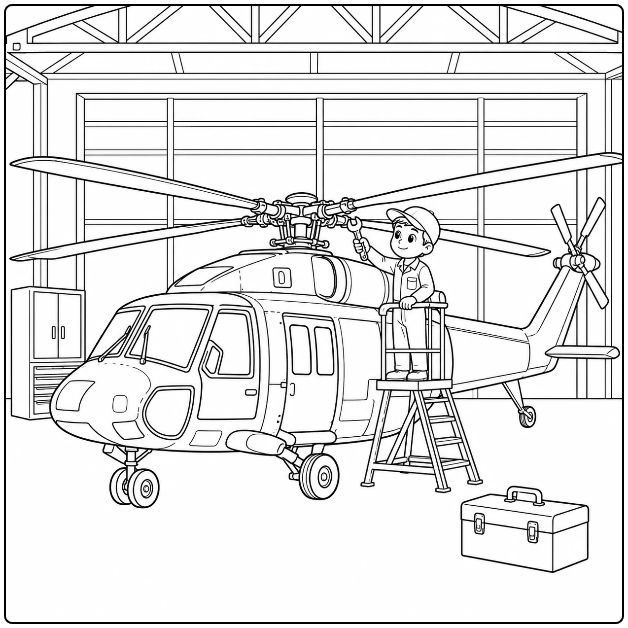 In een hangar controleert een monteur de rotor van een kleurplaat leger helikopter naast een gereedschapskist