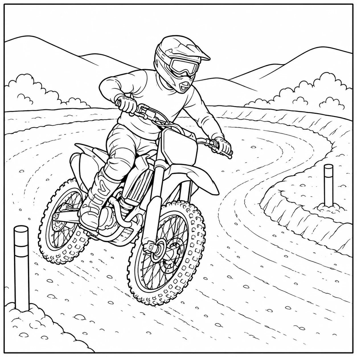 Motocrossrijder met helm op een bochtige zandbaan tussen lage heuvels en afzetpalen