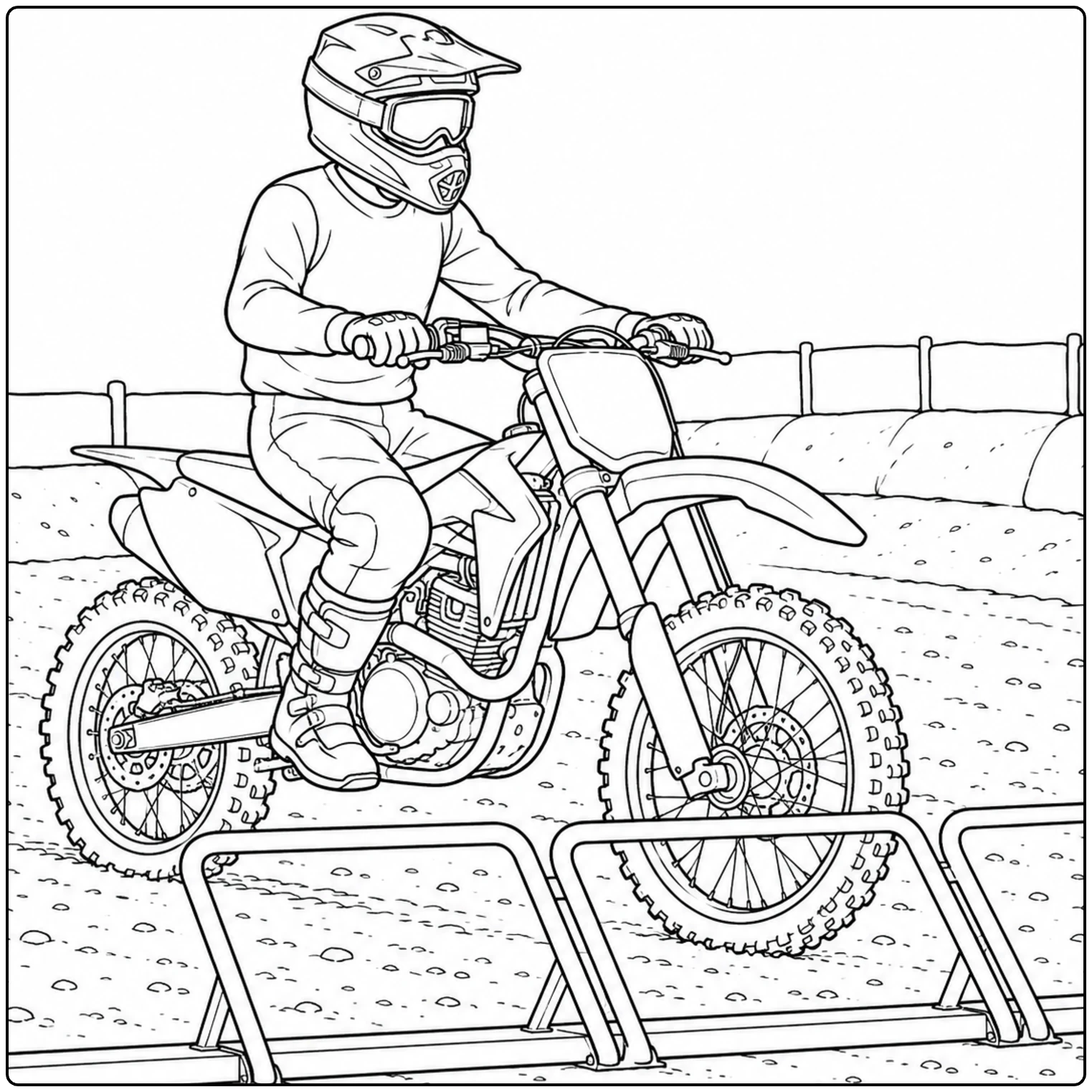 Motocrossrijder achter het starthek op een zandbaan, een actieve honda motor kleurplaat voor kinderen