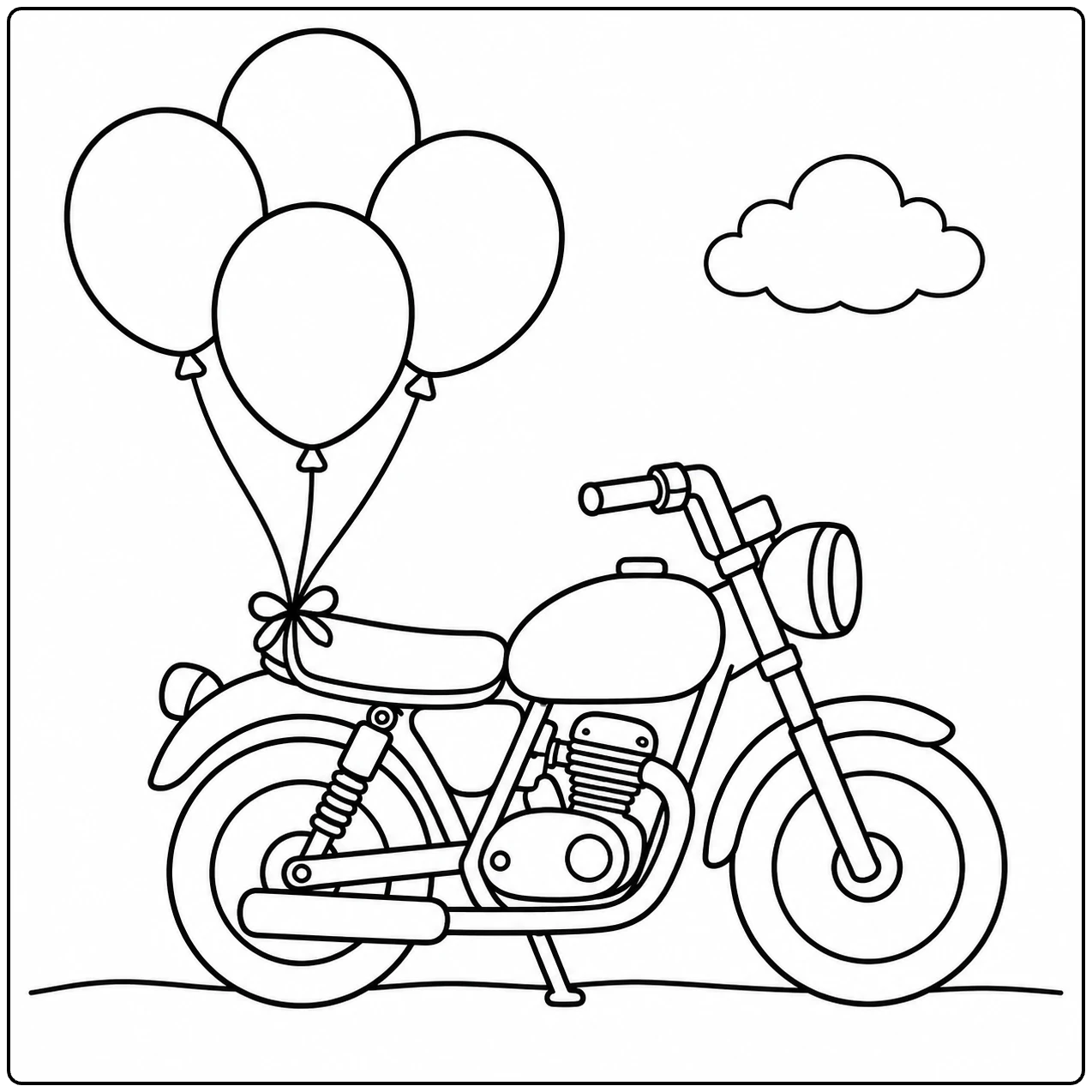 Een kleurplaat motor met ballonnen aan het zadel en een wolk boven de weg