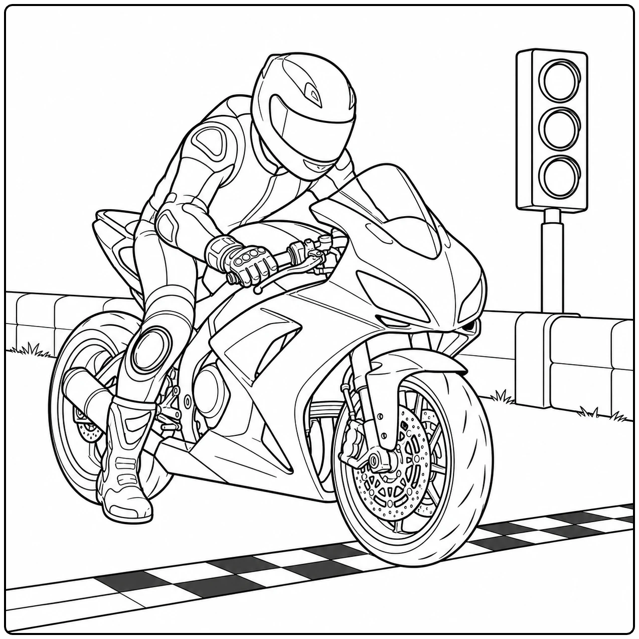 Coureur op een racemotor rijdt over de geblokte finishlijn naast een seinlicht
