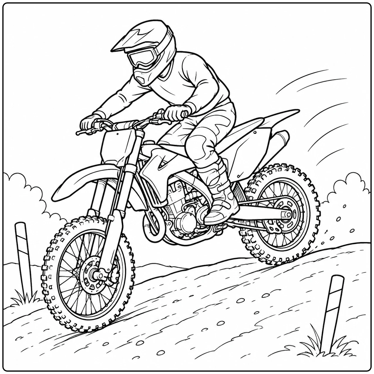 Motorcrosser landt op een aflopende zandbaan met beide wielen zichtbaar en stoflijnen achter de motor