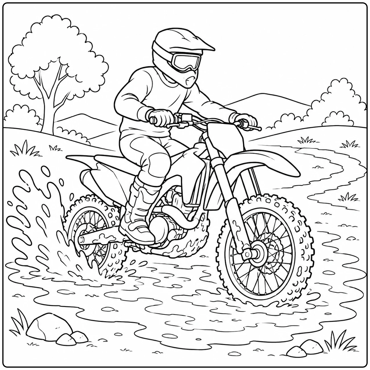 Motorcrosser rijdt door een modderplas op een landelijk pad met bomen en struiken