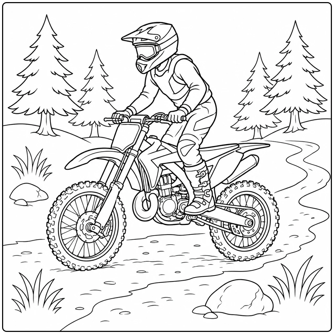 Op deze crossmotor kleurplaat rijdt een beschermde rijder over een bospad tussen dennenbomen
