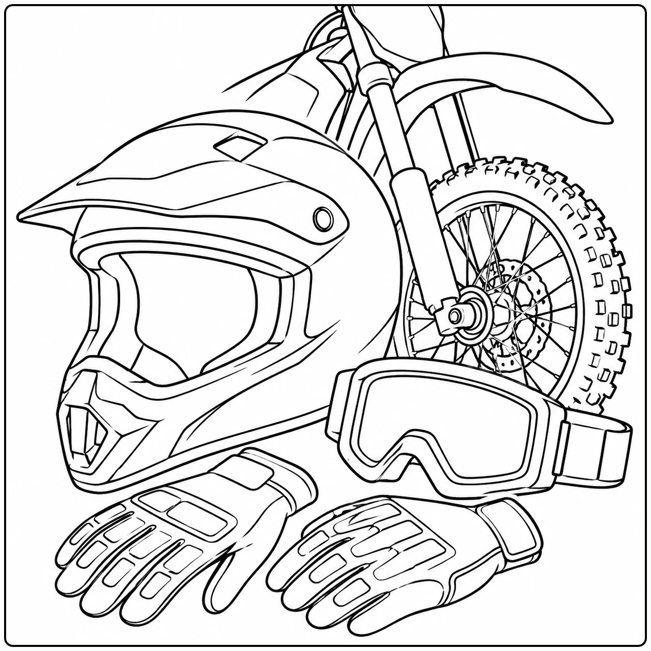Motorcrosshelm met bril en handschoenen voor een gedeeltelijk zichtbare voorband van de motor
