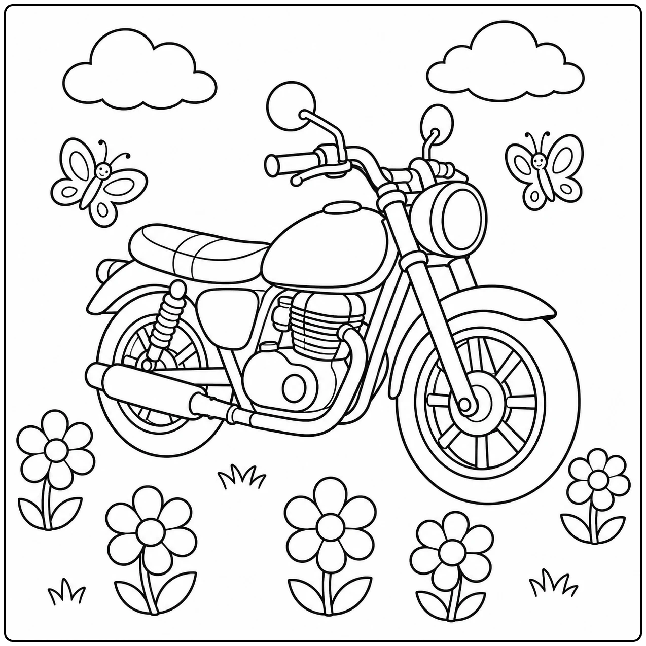 Bloemen en vlinders vormen een vrolijk landschap rond deze kleurplaat motor